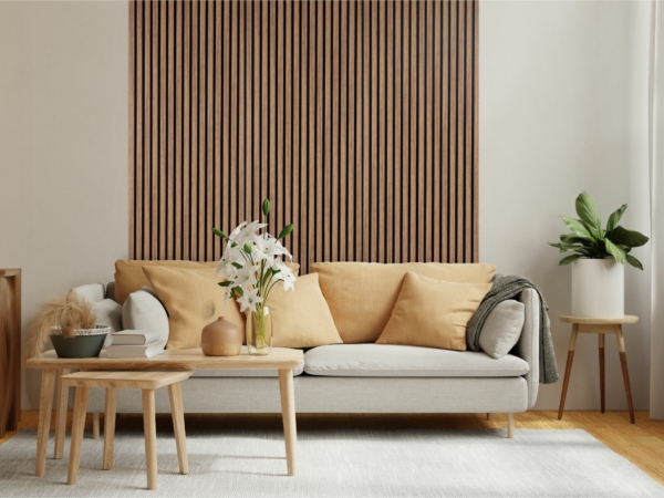 DIY wood slat accent wall in modern living room