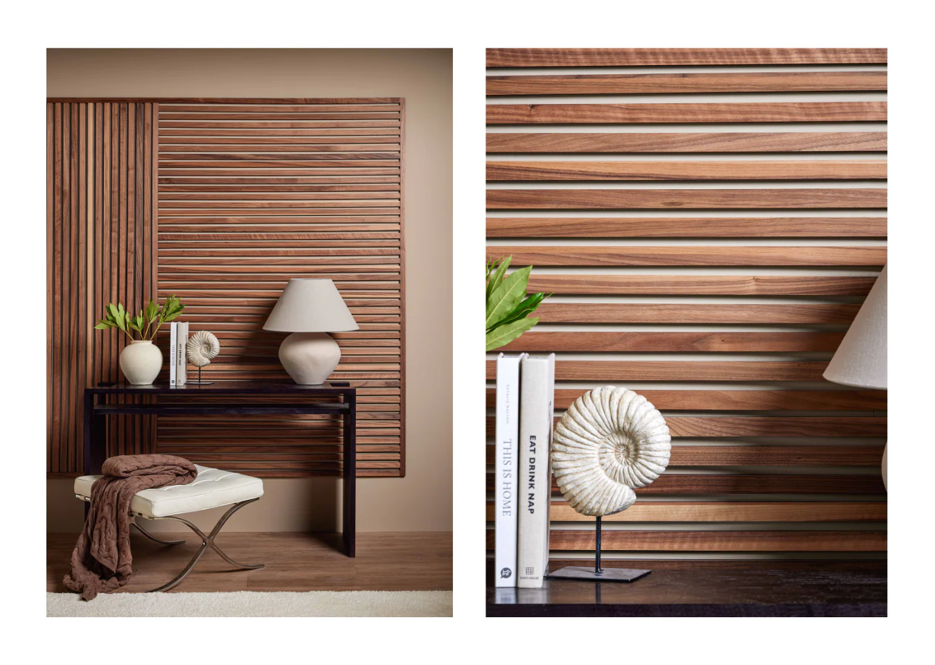 Close-up of vertical wood slat accent wall texture in modern interior home